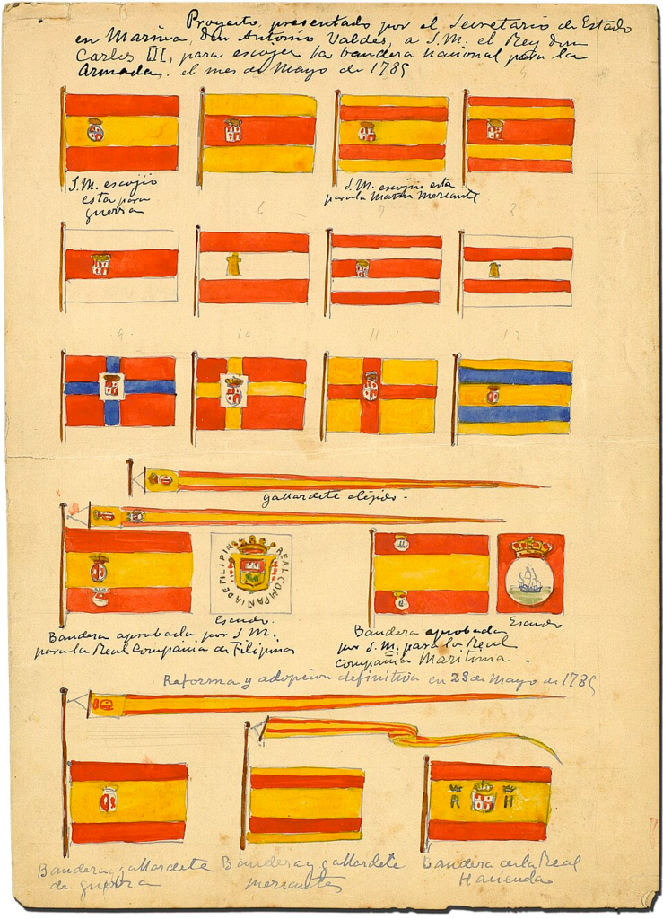 Flag designs presented by Antonio Valdés, Minister of the Navy, to King Carlos III of Spain in May 1785.